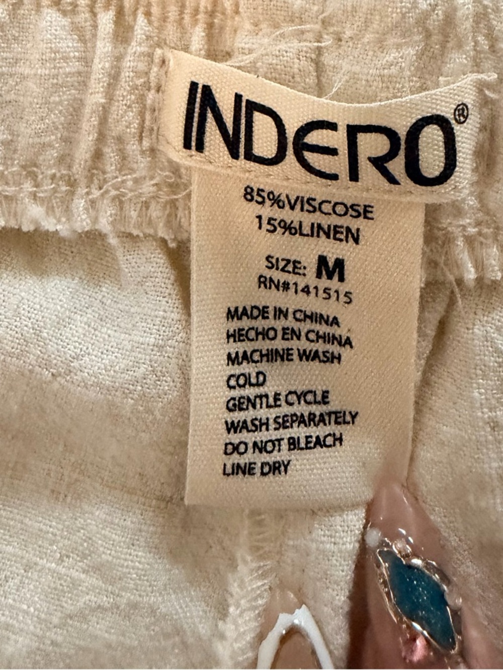 INDERO Women's Beige Viscose Linen Blend Wide Leg Drawstring Pants Size M - Picture 8 of 8